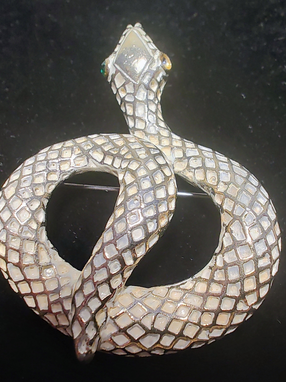 Large Silver-Tone Snake Brooch Green Eyes Read